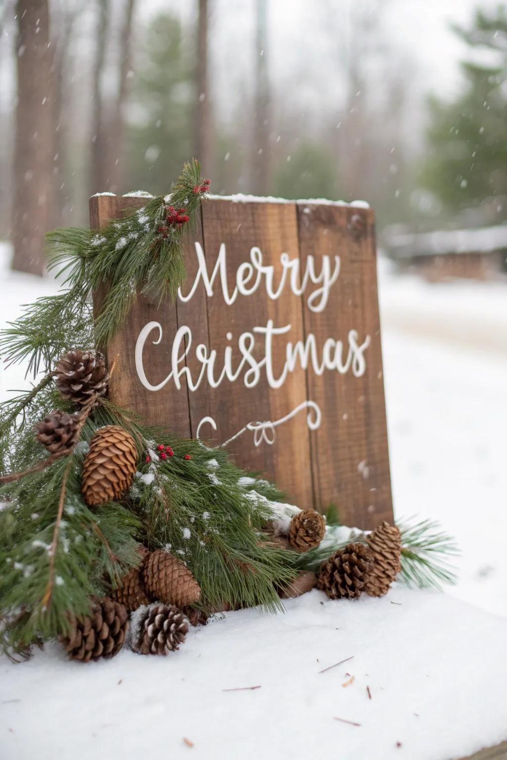 Add rustic charm with a wooden 'Merry Christmas' sign.