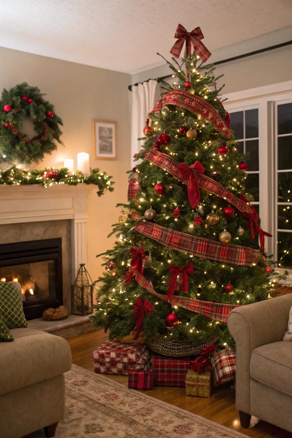 A timeless scarlet and verdant Christmas tree adorned with tartan bands exudes enduring charm.