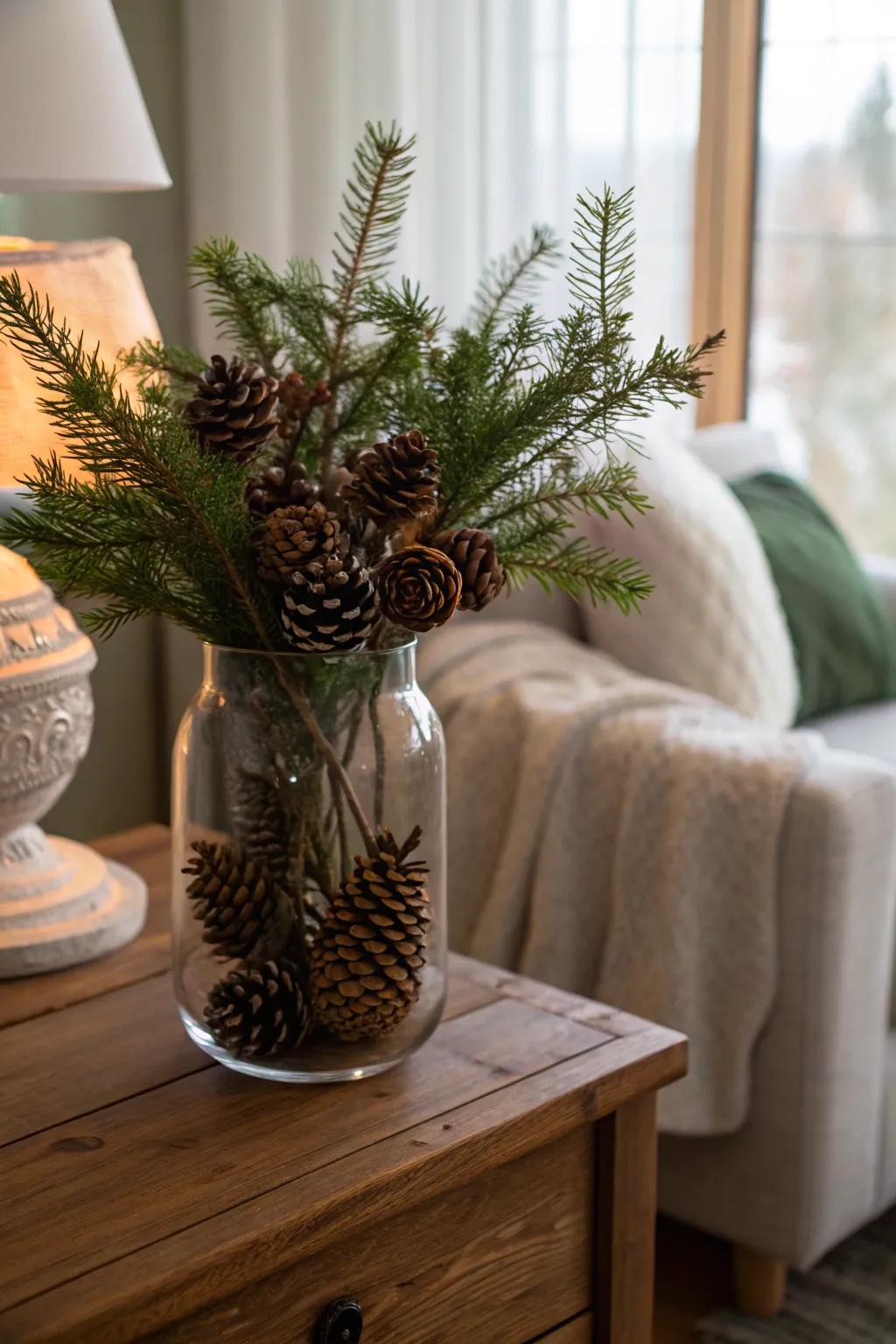 Innate refinement: cones of pine and verdant touches cultivate an inviting Yuletide vibe.
