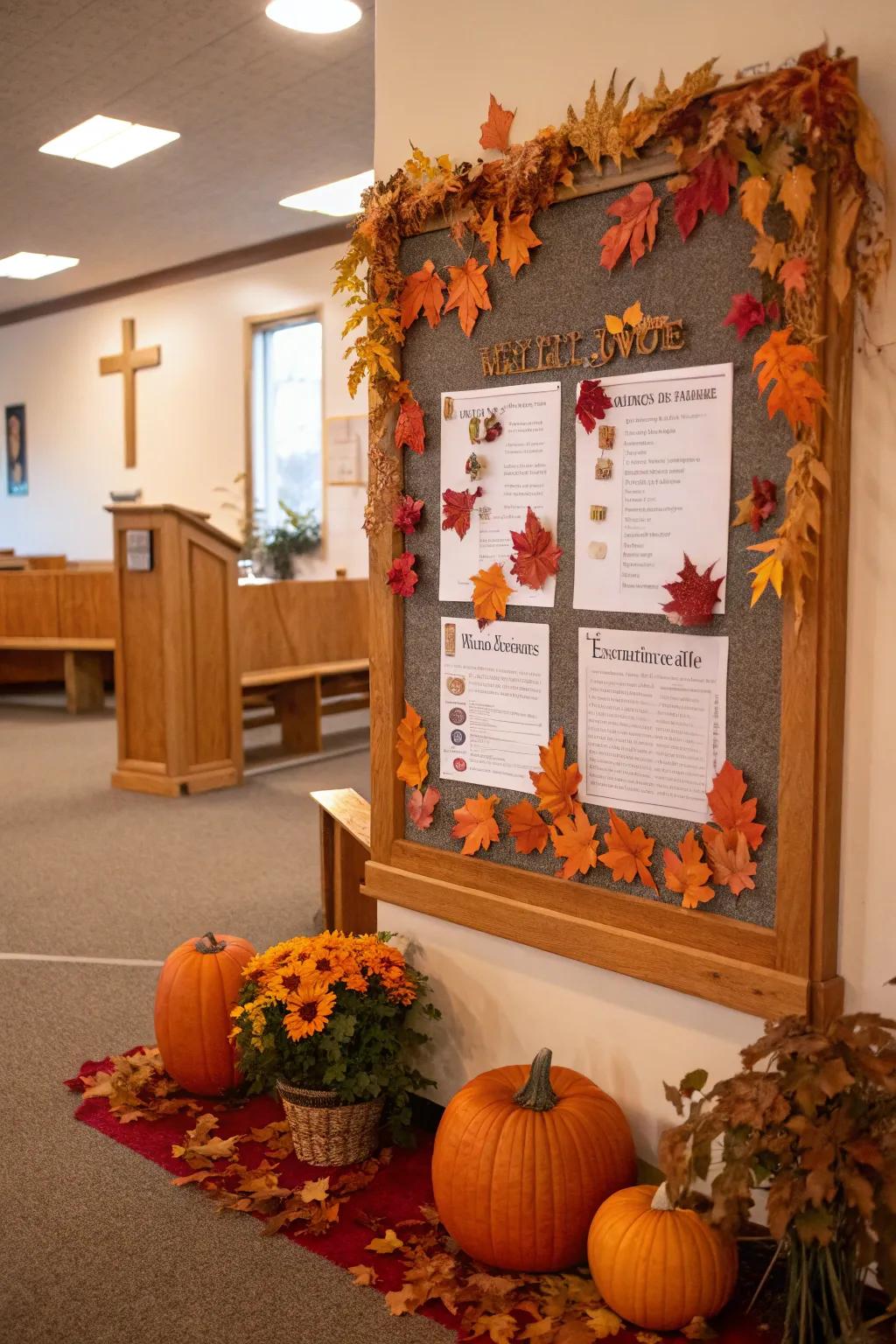 A church announcement board themed for autumn, complete with leaves and pumpkins.