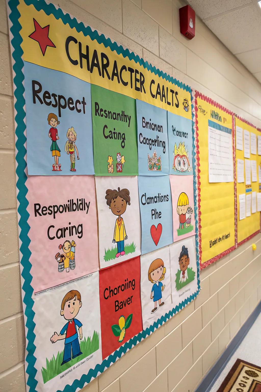 Character traits such as respect and care highlighted on a notice board.