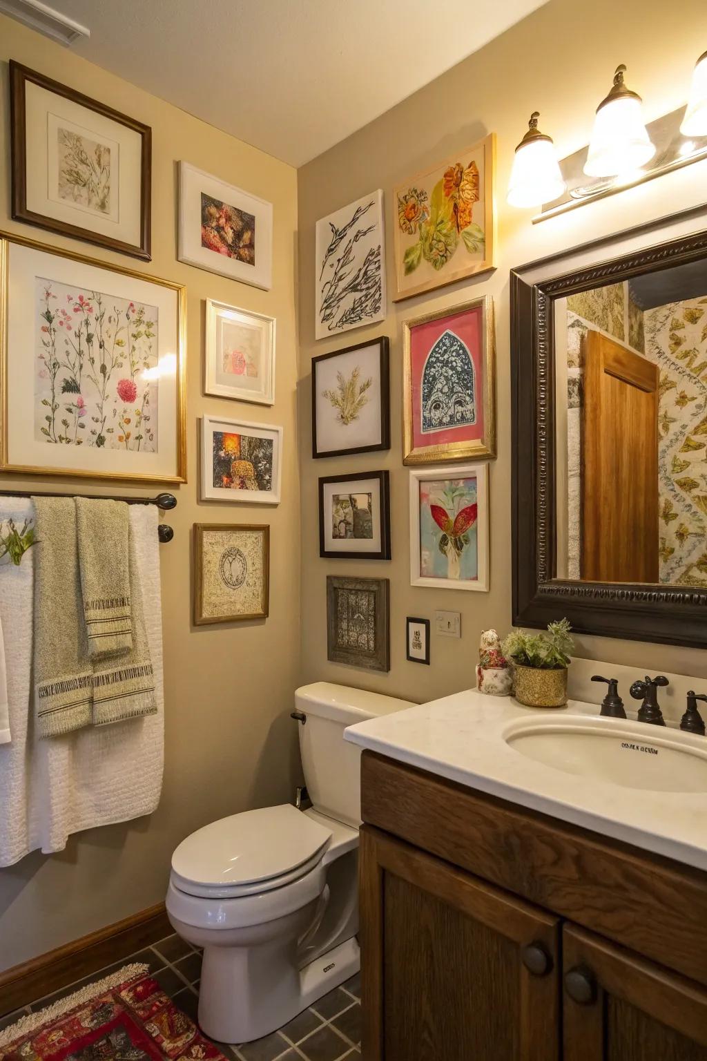 A bathroom that features an eclectic gallery wall with many different art styles and frame designs.