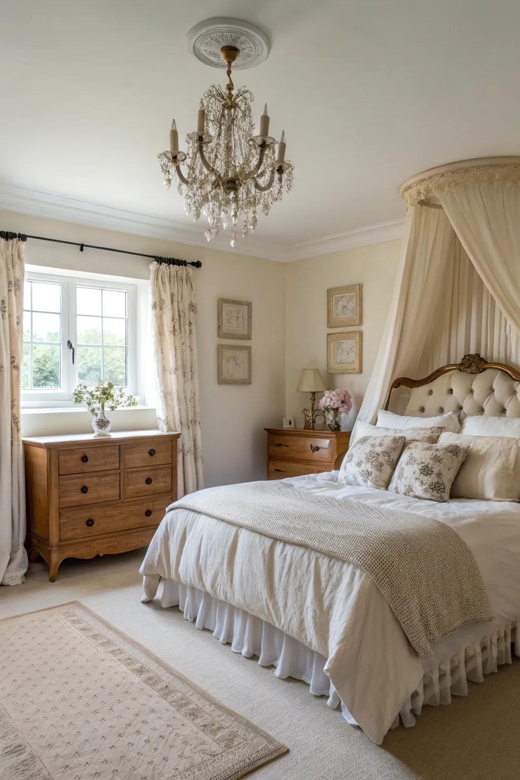 A serene bedroom featuring a relaxing neutral color scheme.