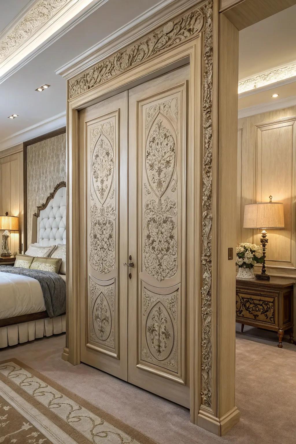 Detailed paneling bestows a timeless sophistication upon closet doors.