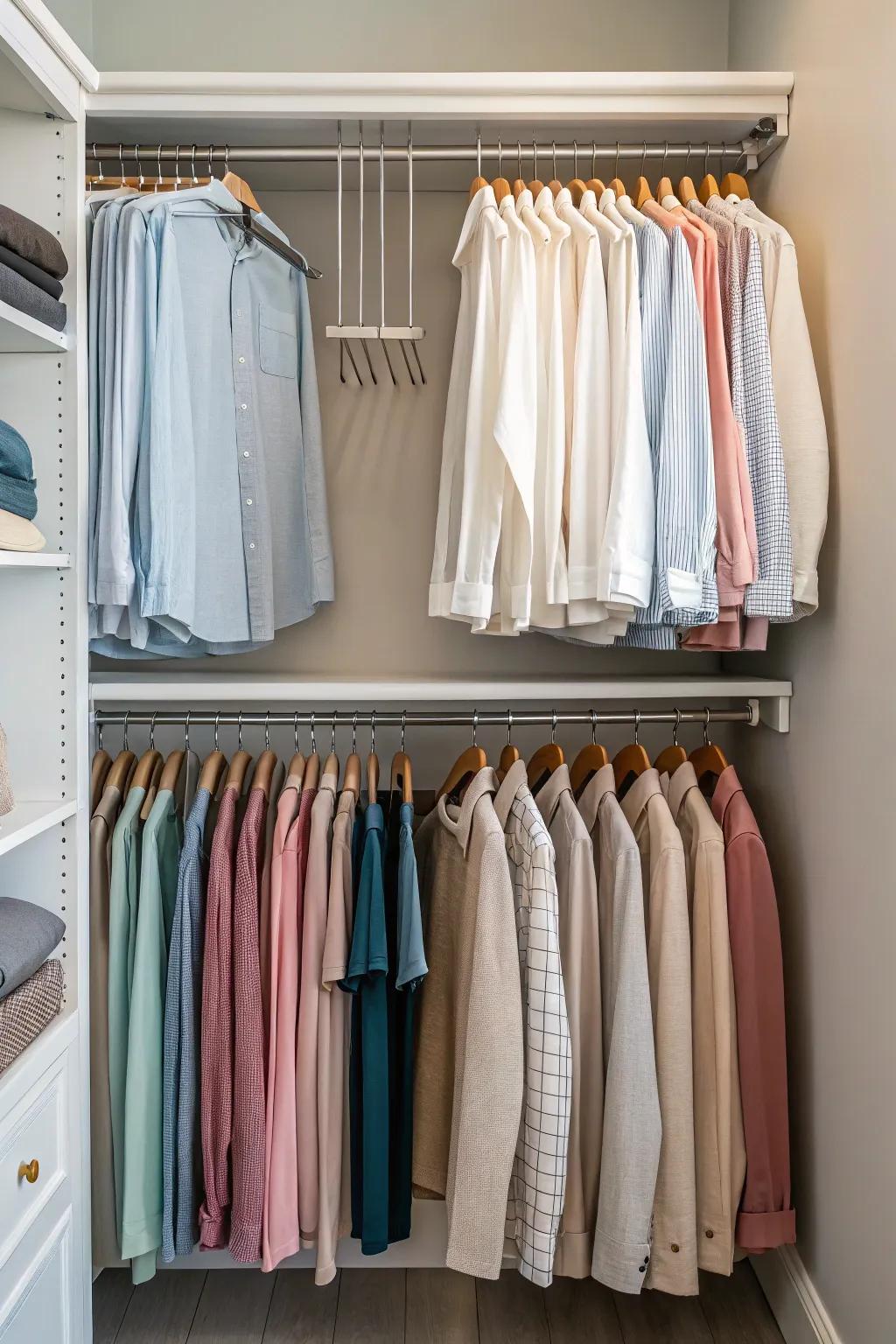 Double hanging bars are a game-changer for utilizing all available vertical space in any closet.
