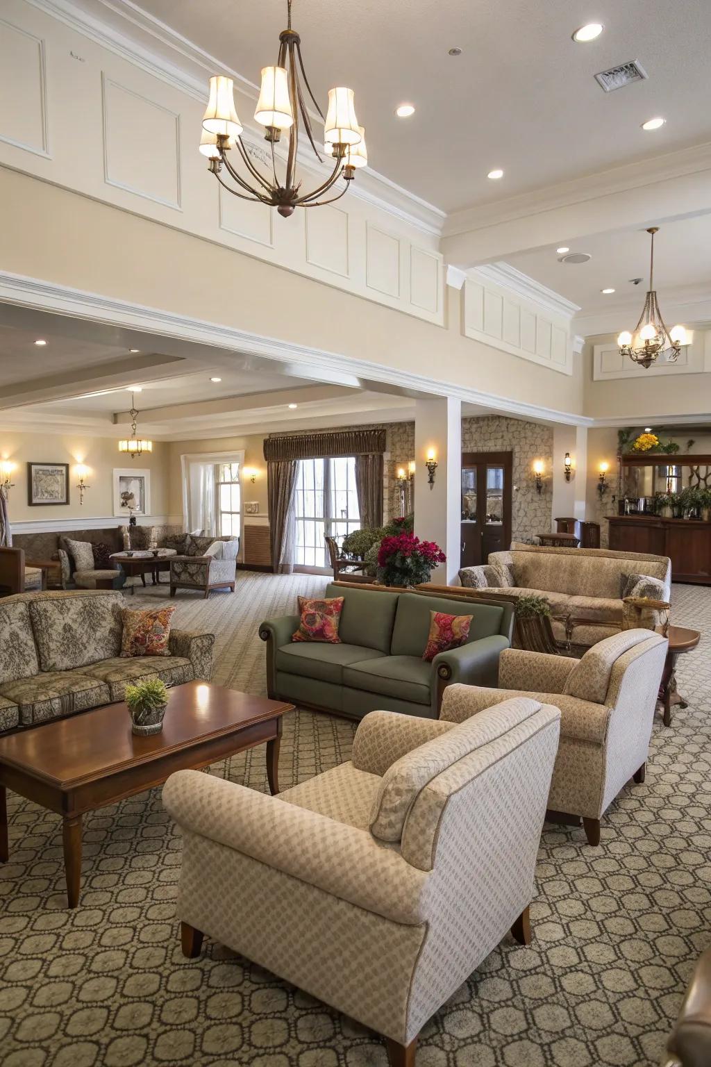 Open layouts showcasing different seating choices inside a clubhouse.