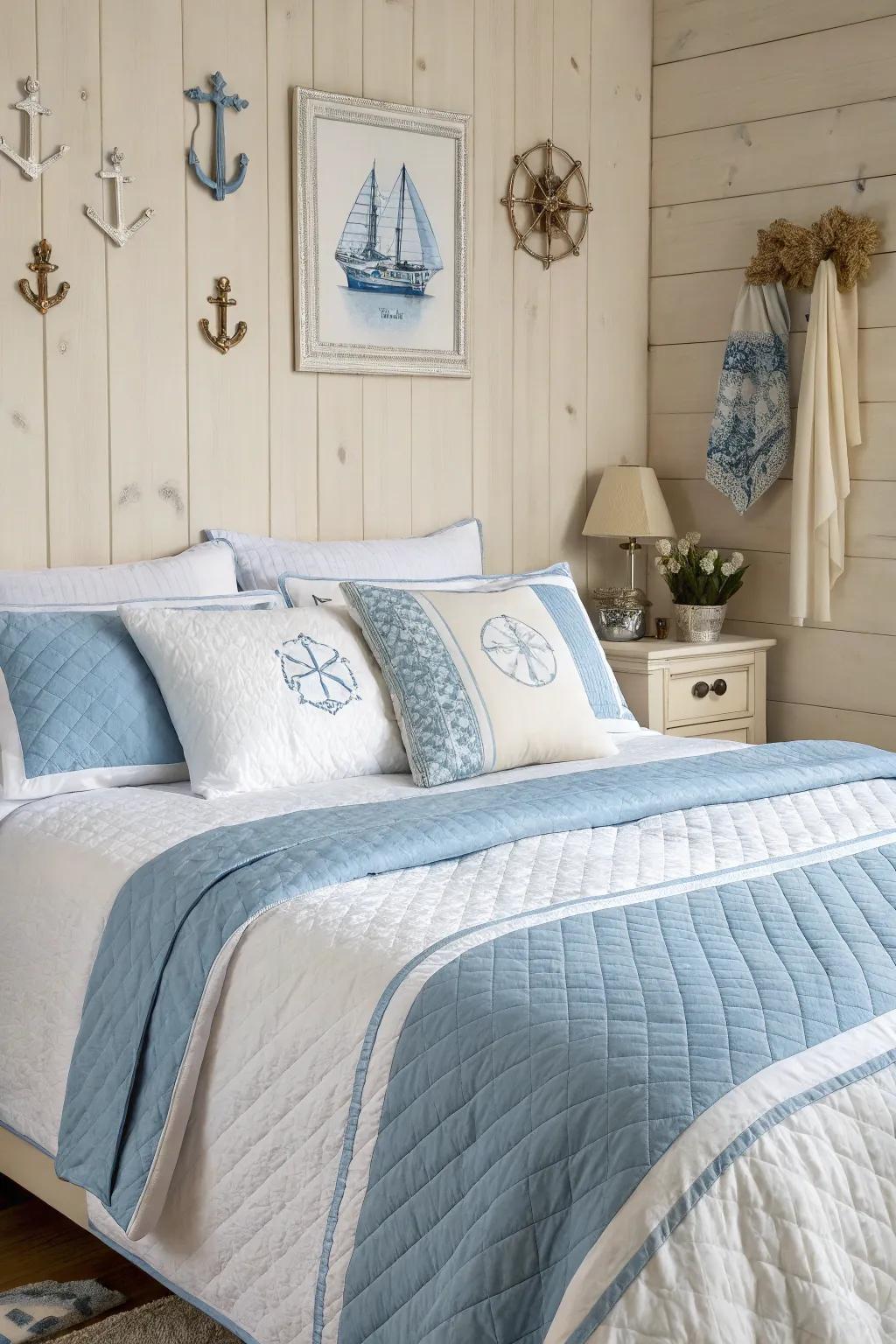 Light blues and whites fashion a relaxing beach-style ambiance.