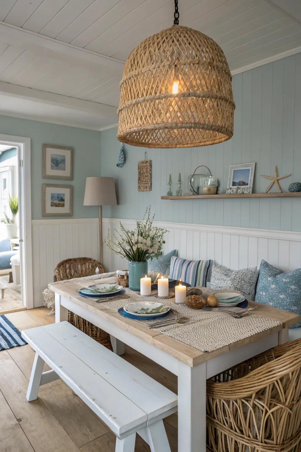 Rattan drop lights bring a touch of the seaside to your dining space.