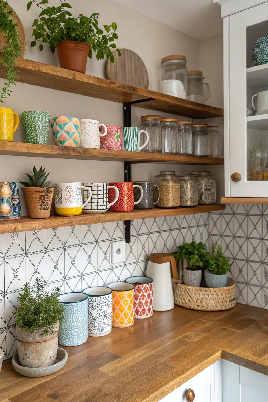 Open shelving displays coffee-making necessities.