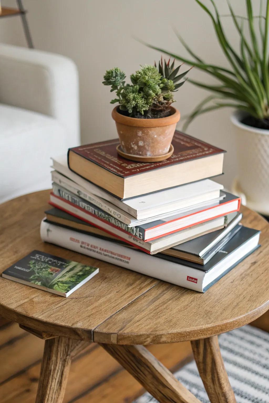 Skillfully arrange books of varying sizes for a lively display.
