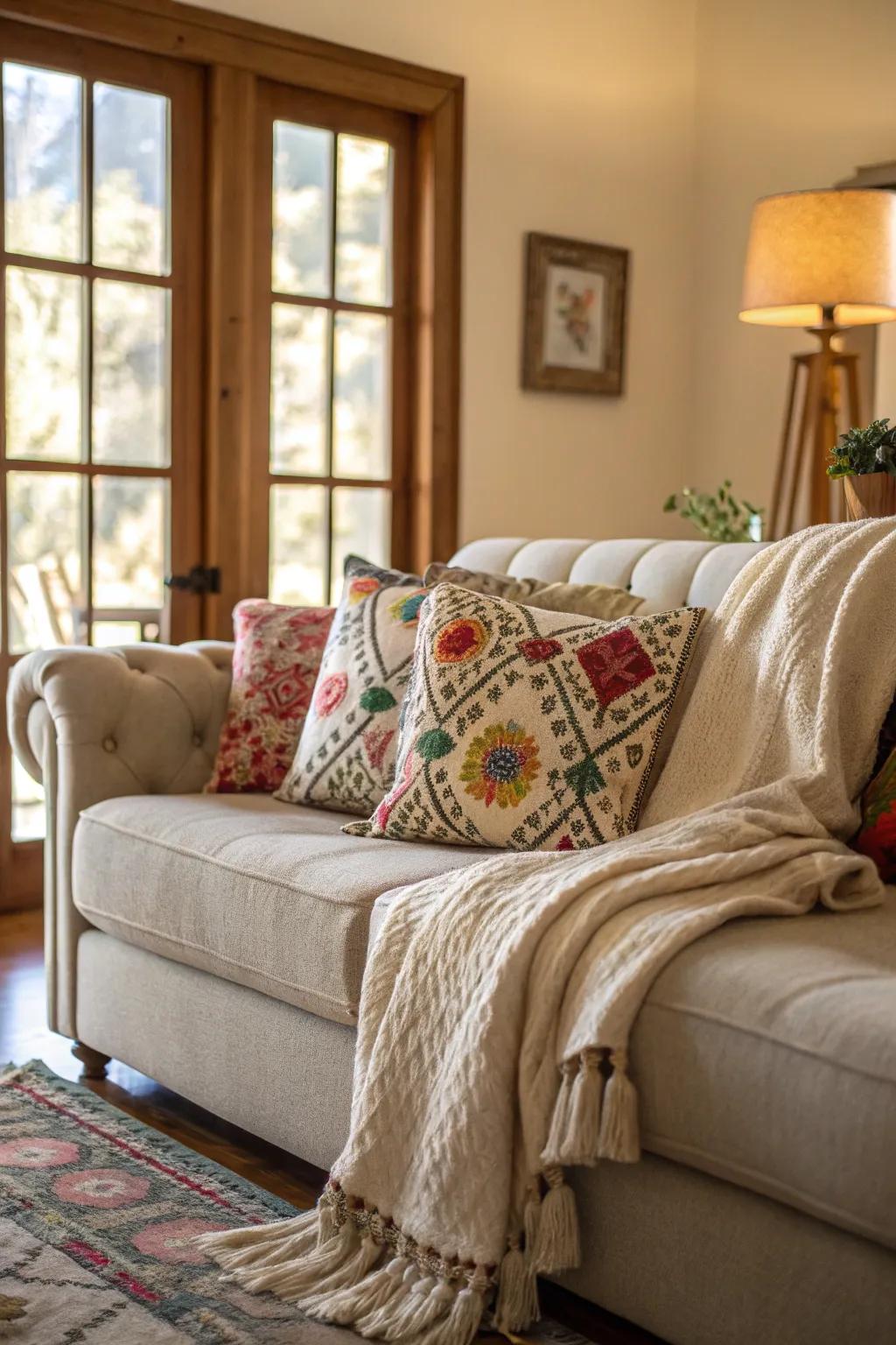 A cozy lounge area featuring a stylish couch, vibrant pillows, and a soft throw.