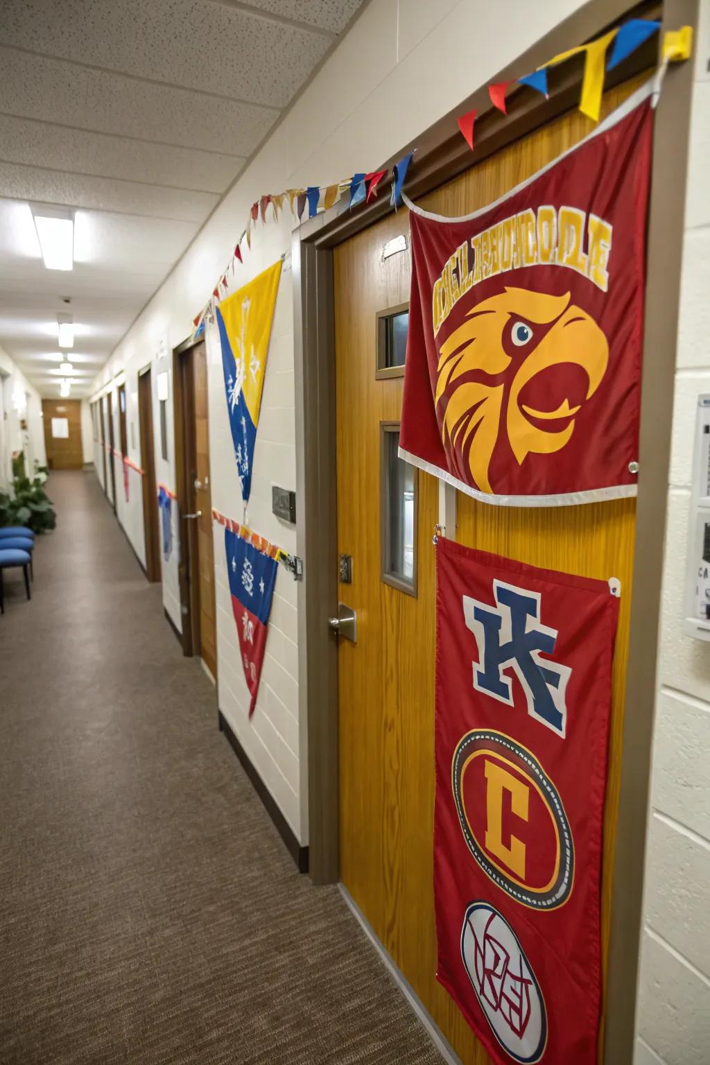A door filled with vibrant colors and school pride.