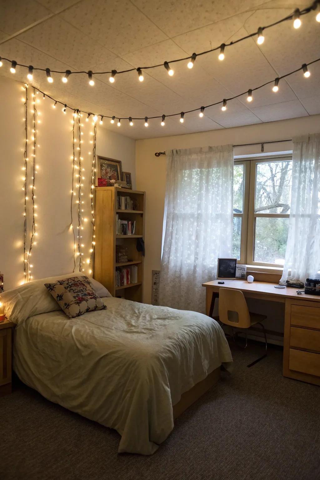 Infuse your dorm with a cozy radiance using simple sparkle strands.