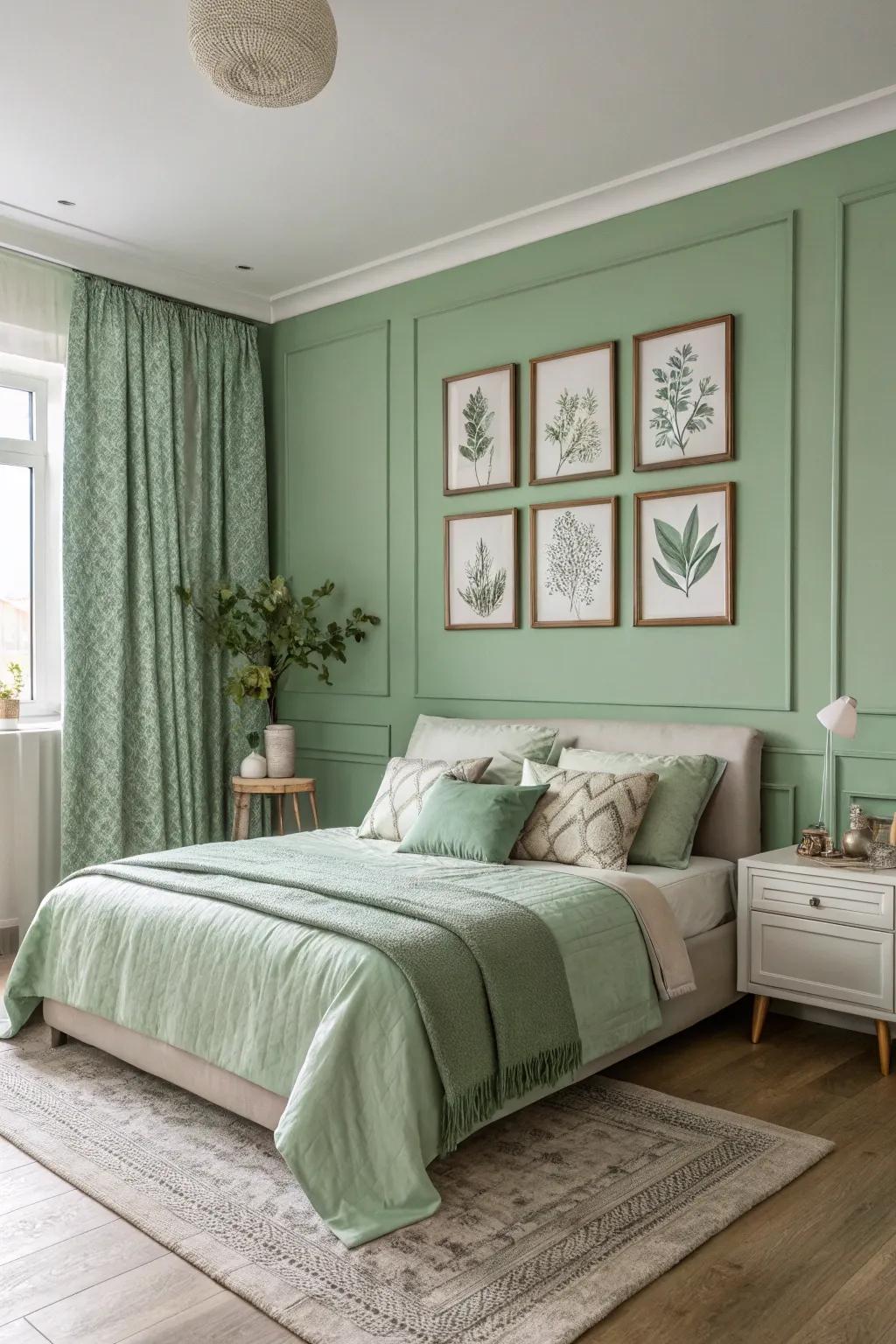A unified sage verdant bedroom showcases the monochromatic magic of color immersion.