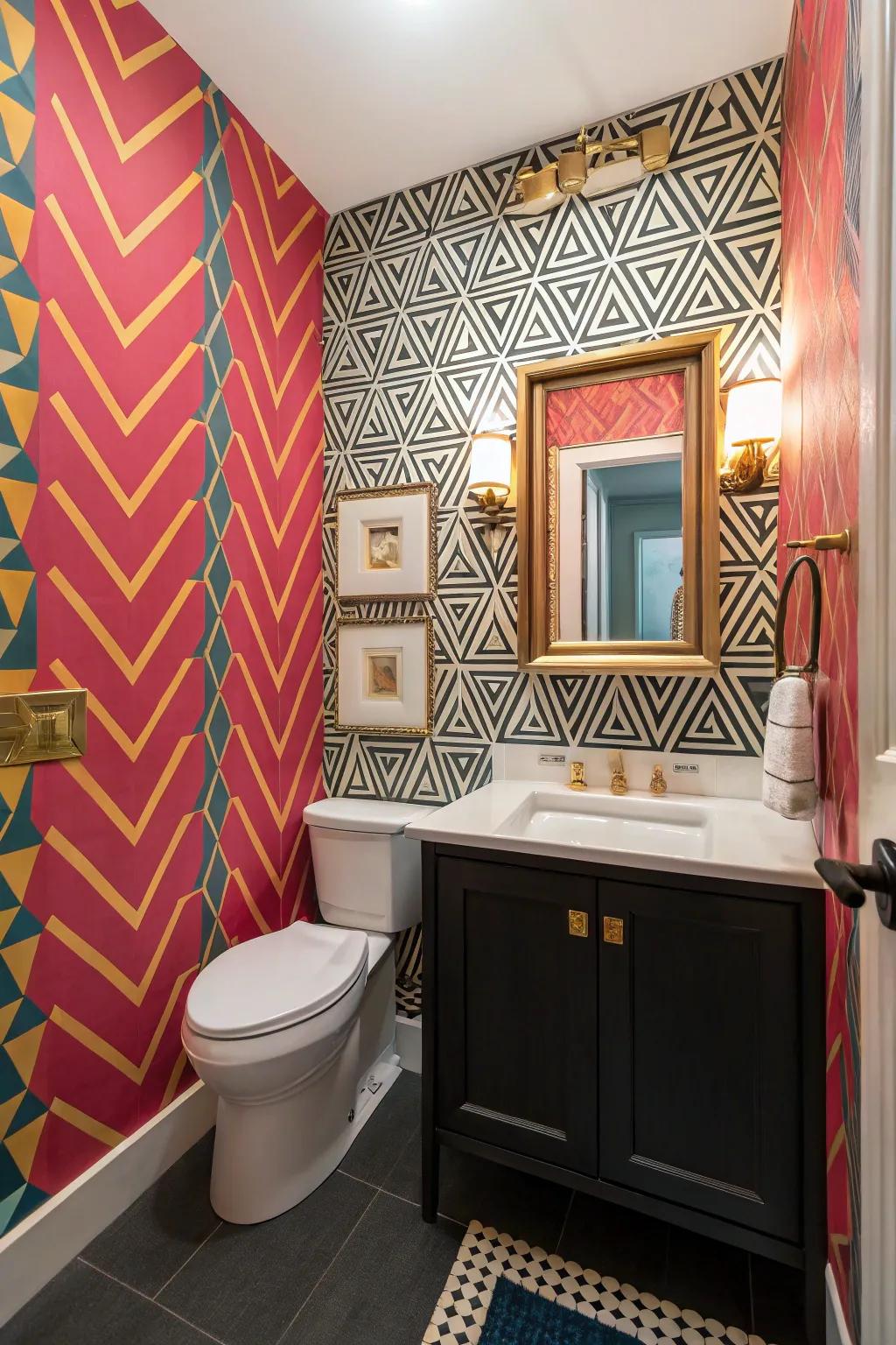 A guest bathroom showcasing striking geometric wall covering that introduces a vibrant element.