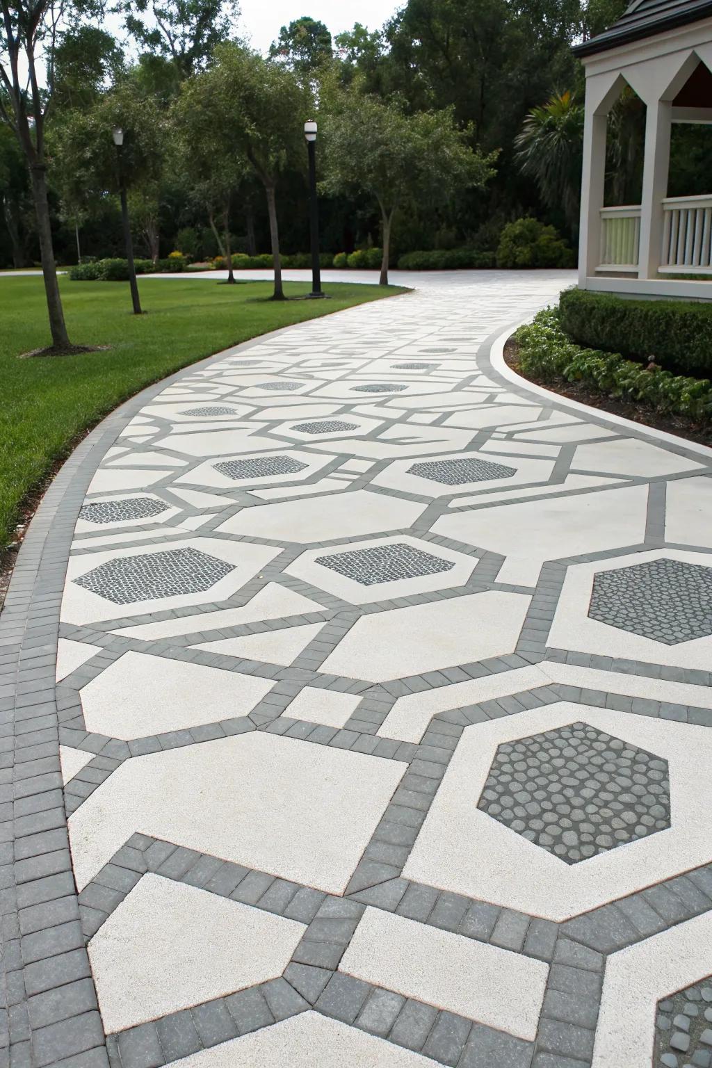 A driveway adorned with geometric patterns for a modern aesthetic, creating a sense of sophisticated order.