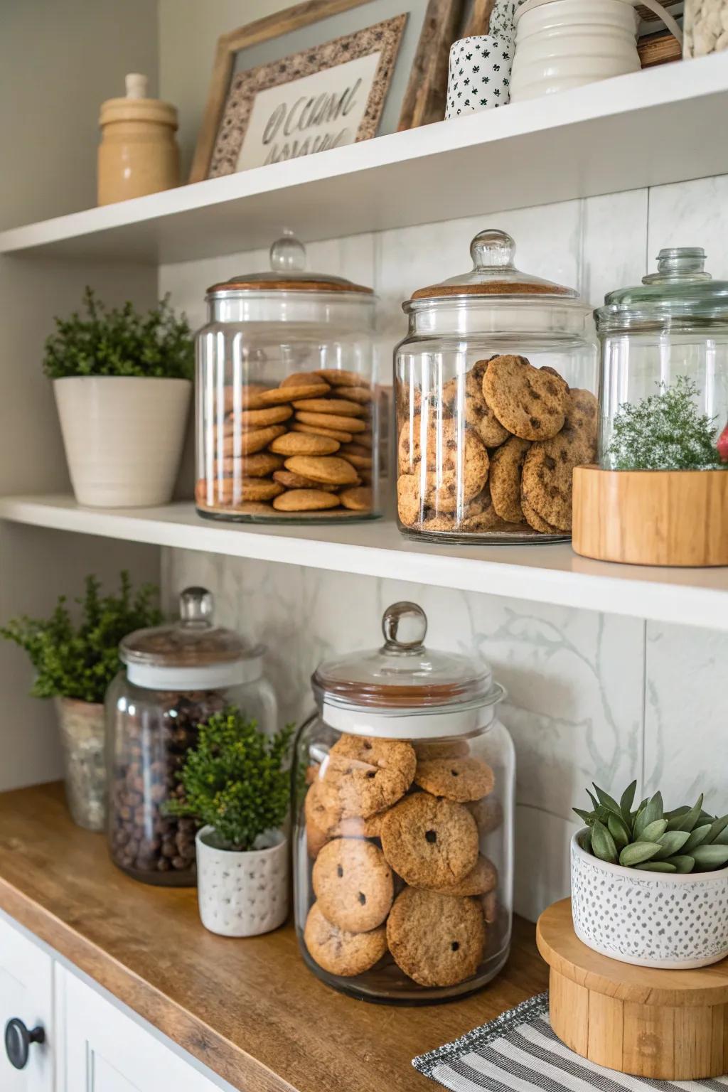 A creative shelf presentation featuring a selection of biscuit barrels.