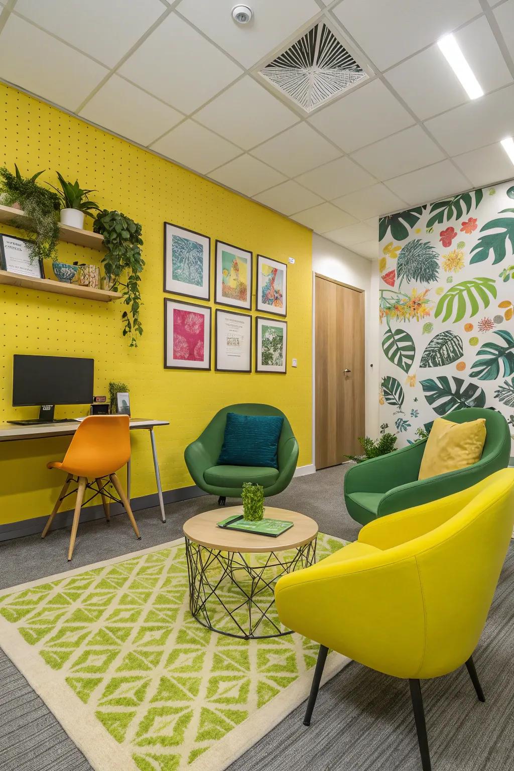 Office space showcasing vibrant yellow and green accents for an energizing effect.