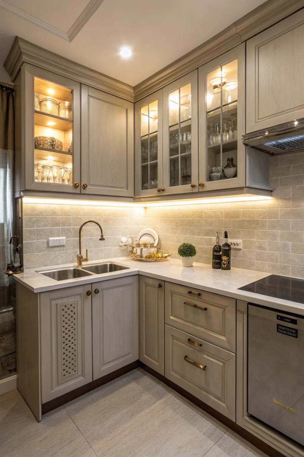A space-efficient kitchen design that uses a corner sink to fully optimize limited space.