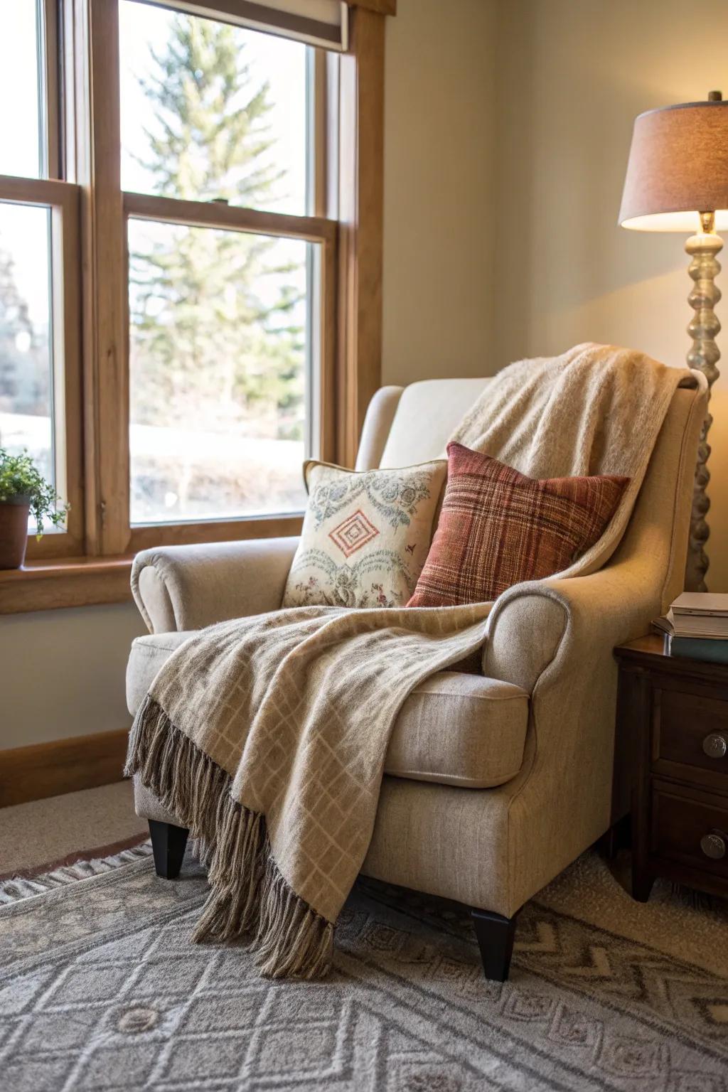 A snug corner seating area is an invitation to unwind with a good book and a warm drink.