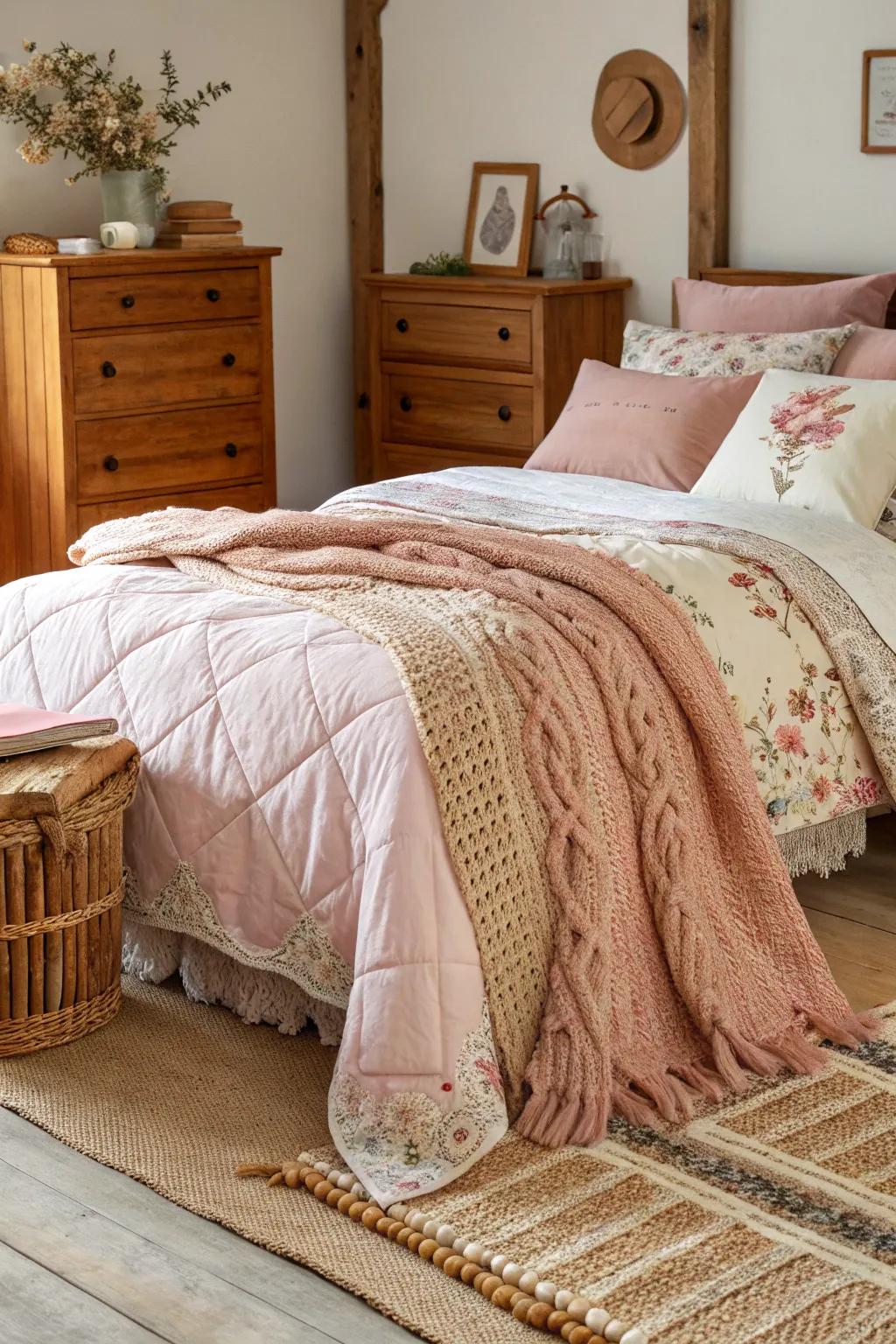Layers of quilts and throws provide texture and a sense of warmth to this bedroom.