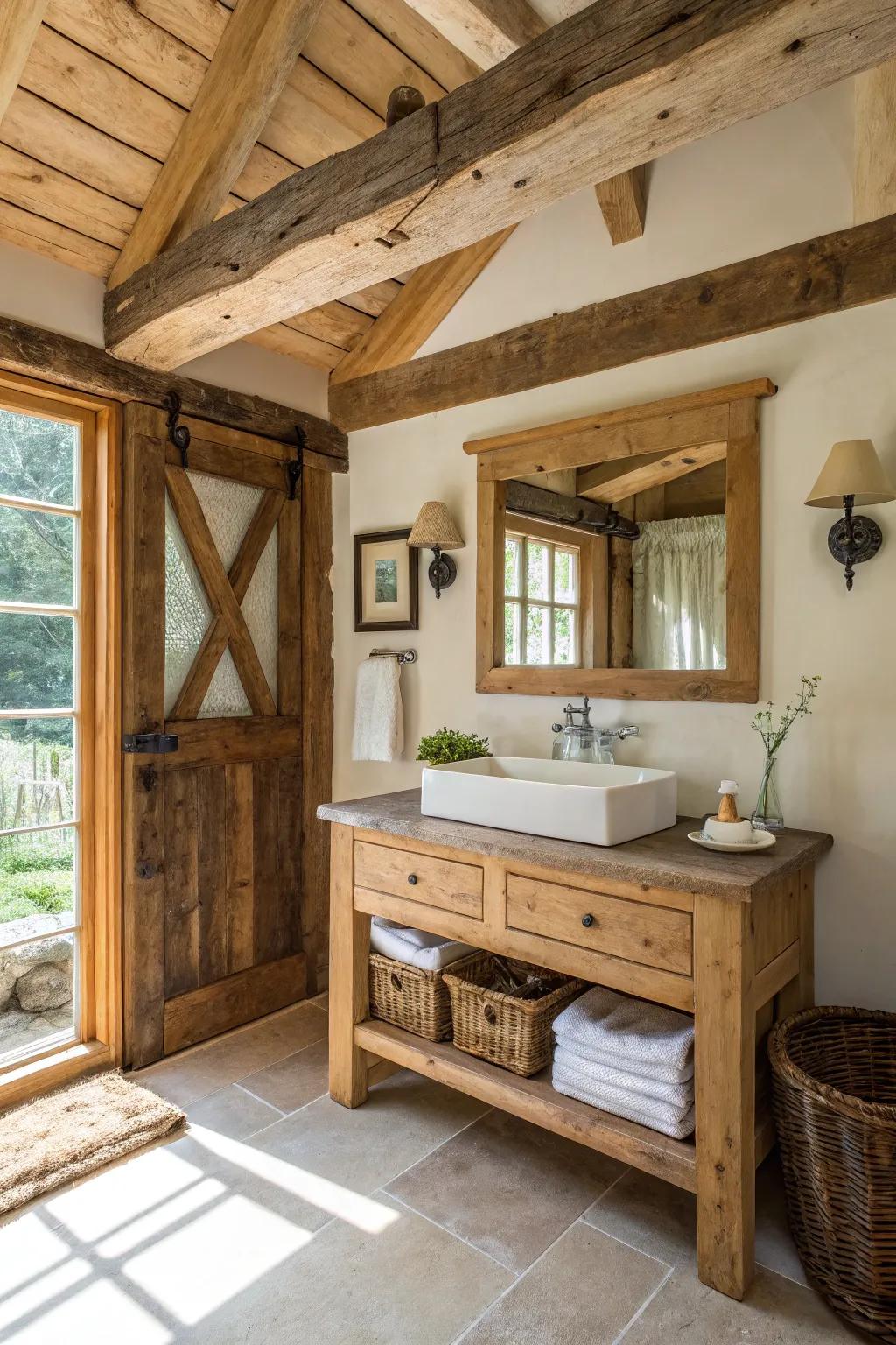 A country bathroom that highlights the elegance of natural wood features.
