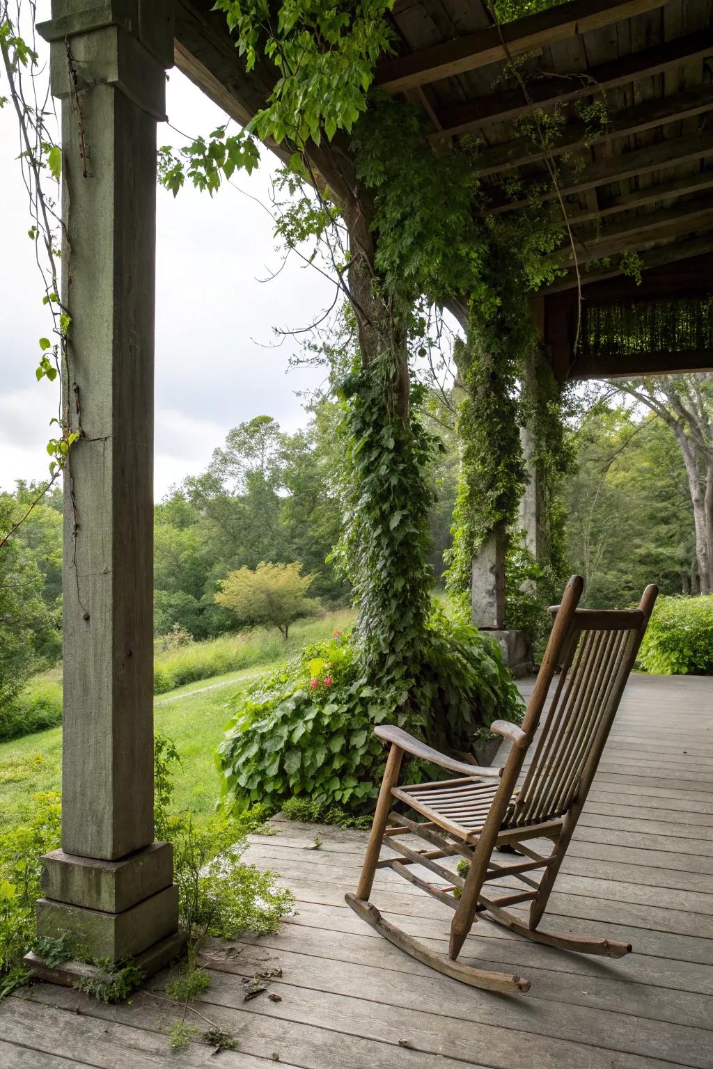 A rustic wooden rocking chair adds charm to any country porch.