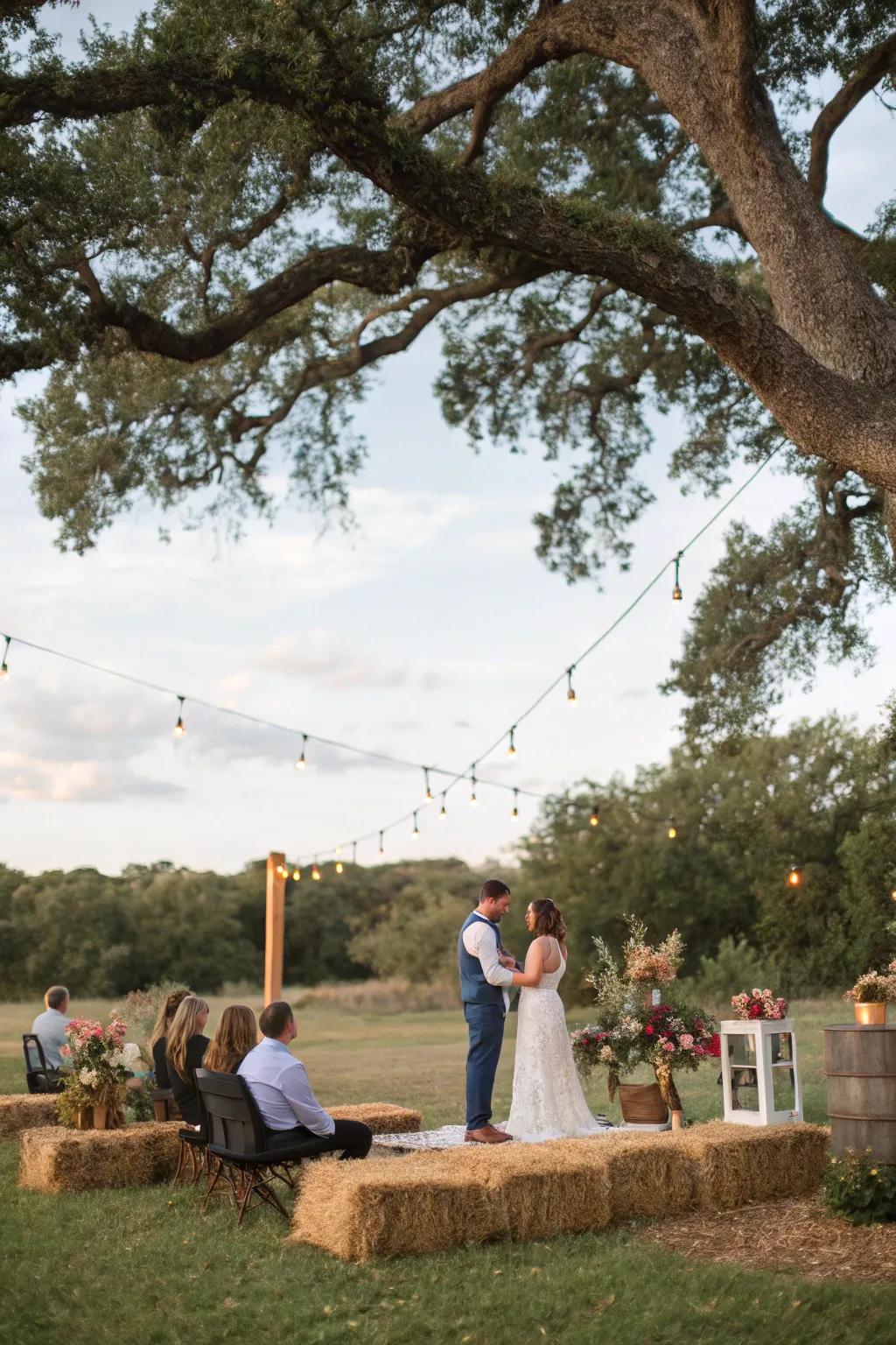 An idyllic open-air vows setting nestled beneath a stately oak.