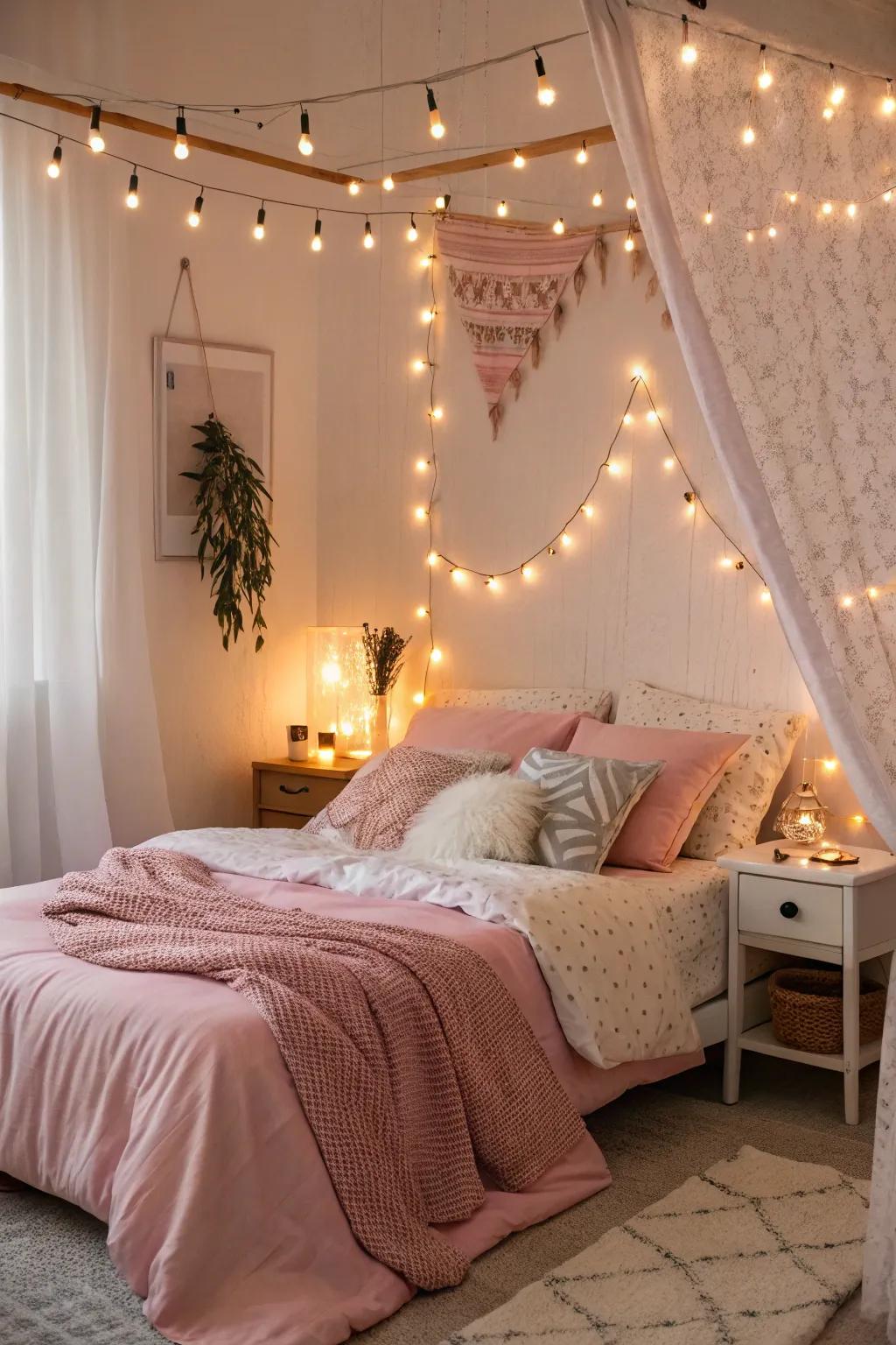 Gentle lighting enlivens the mood in a couple's bedroom