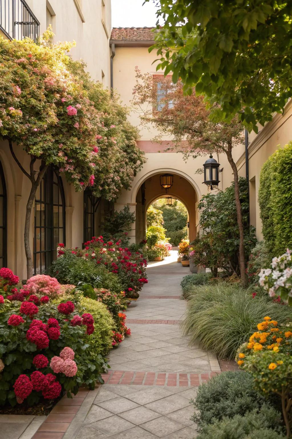 An explosion of greenery and blossoms to invigorate your entrance.