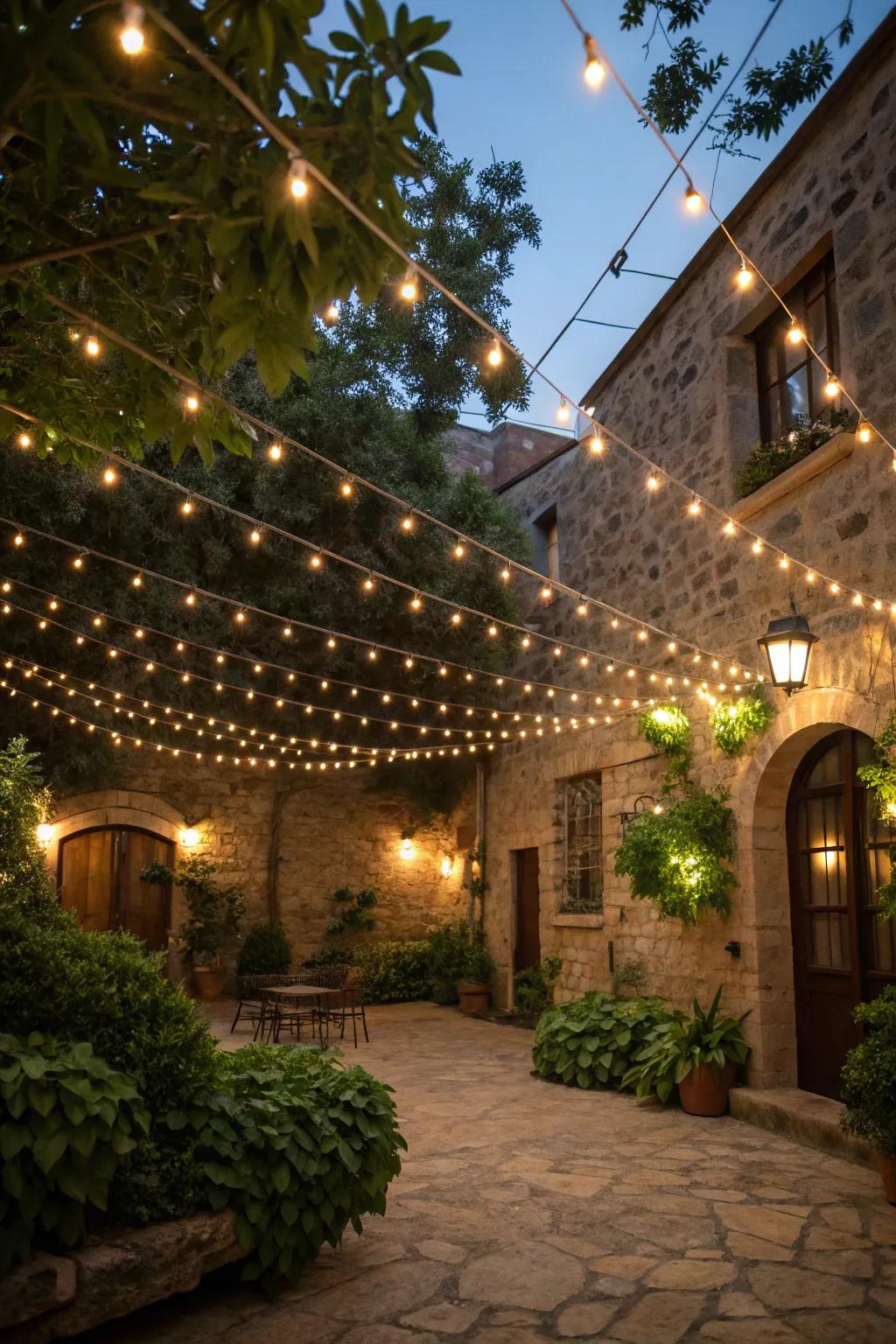 Festoon lights craft a starlit scene in a cozy patio.