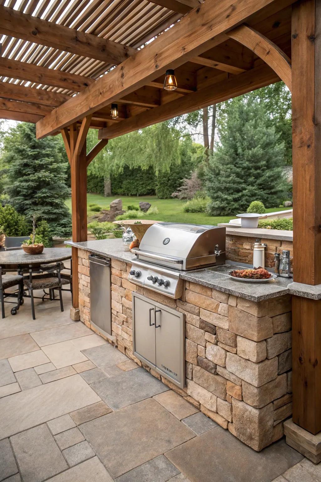 A pergola-shaded kitchen featuring a built-in grill marries aesthetics with practicality.