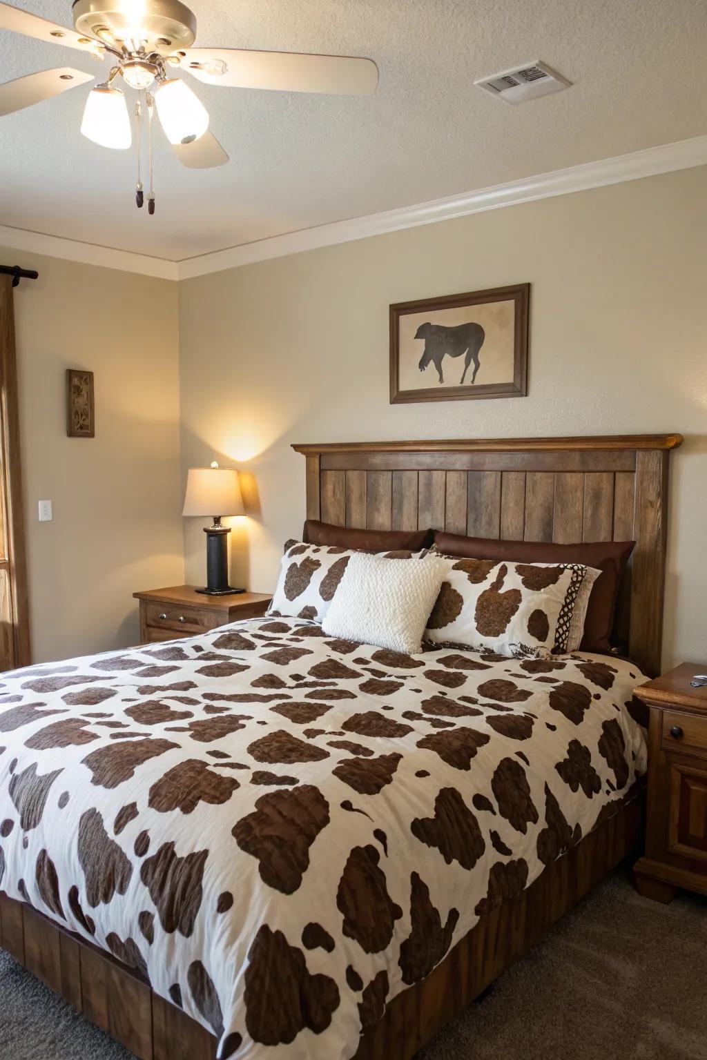 A cow print duvet adds a bold and cozy touch to any bedroom.