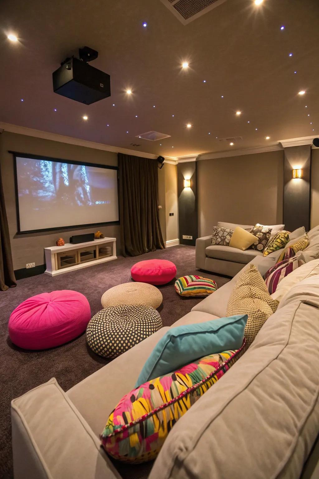 Luxurious seating combined with floor pillows creates a relaxed setting for movie marathons.