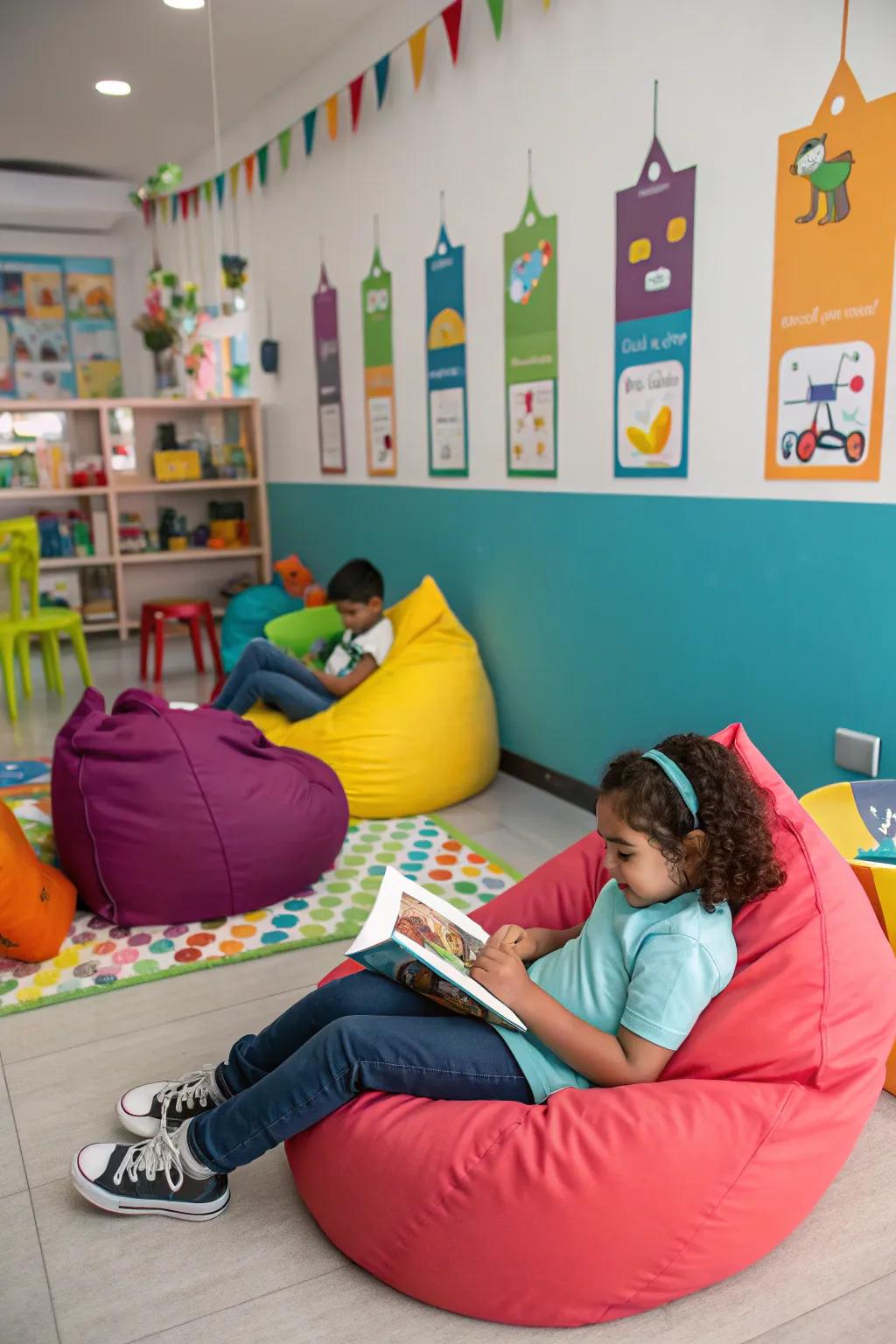 Appealing plush sacks foster a relaxed atmosphere for preschoolers.