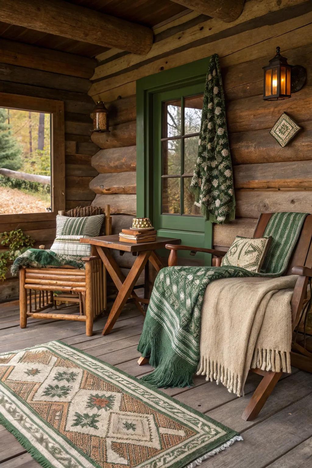 A log cabin interior showcasing earthy tones and natural textures, creating a serene and inviting atmosphere.