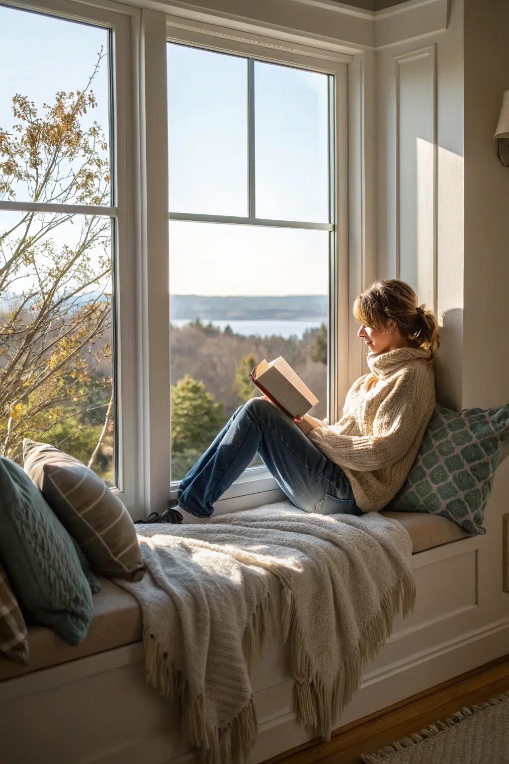 A window seat reading nook with cushions and a throw, offering a cozy retreat with a view.