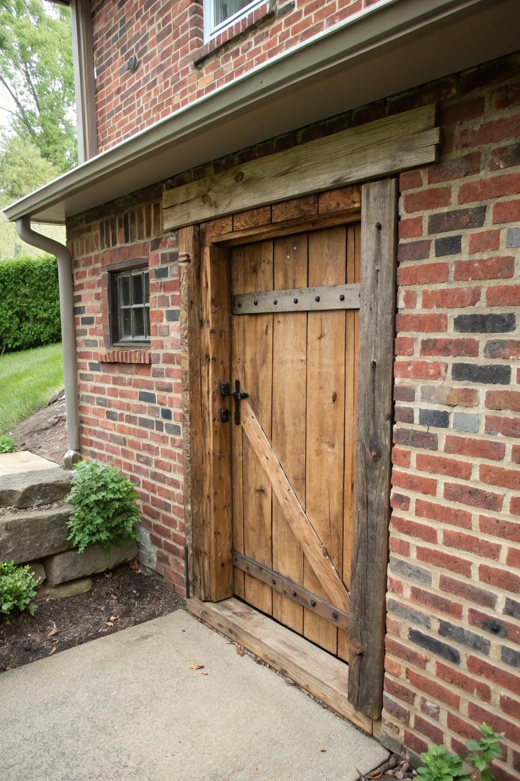 A rustic timber basement hatch introduces enduring charm to a brick-clad home.