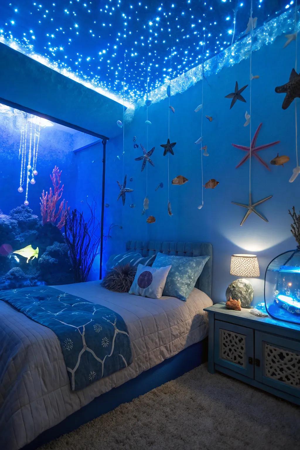 An underwater-themed bedroom showcasing blue lighting and sea life accents.