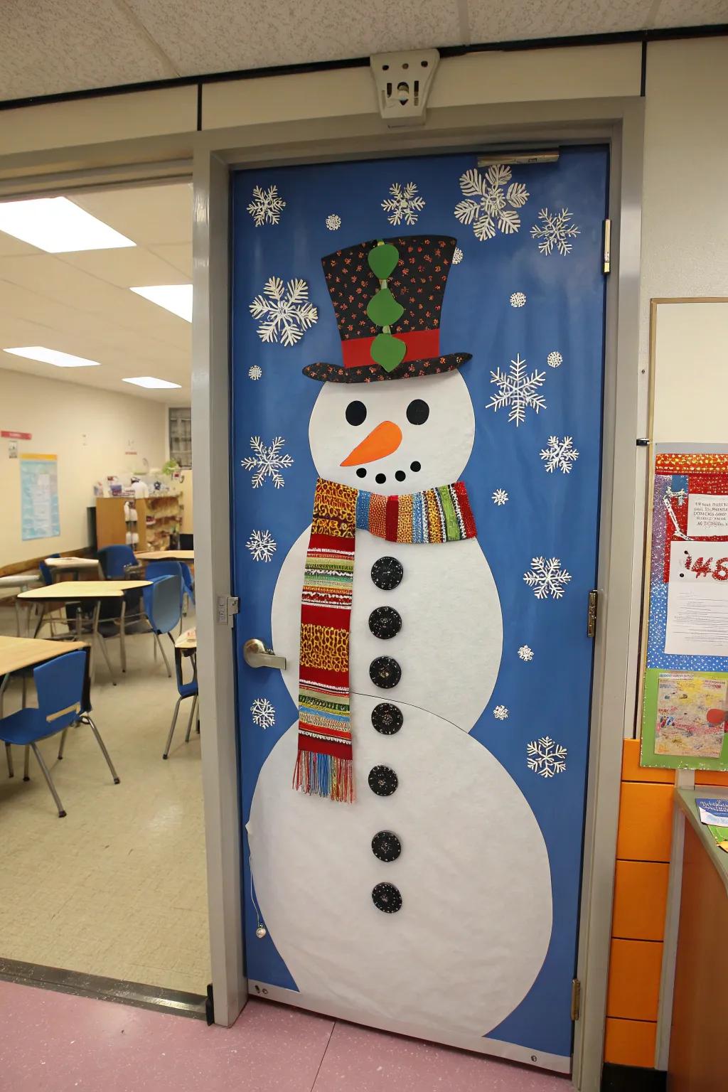 A classroom doorway reimagined as a cheerful frosty figure, enhanced by a striking muffler.