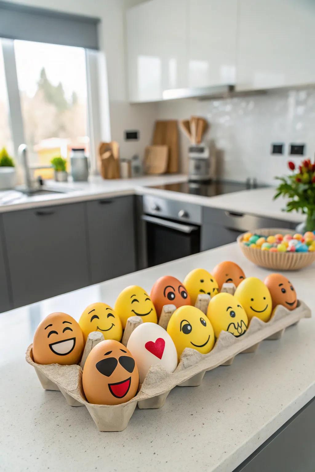 Playful emoji eggs enhancing the kitchen's cheerful vibe.