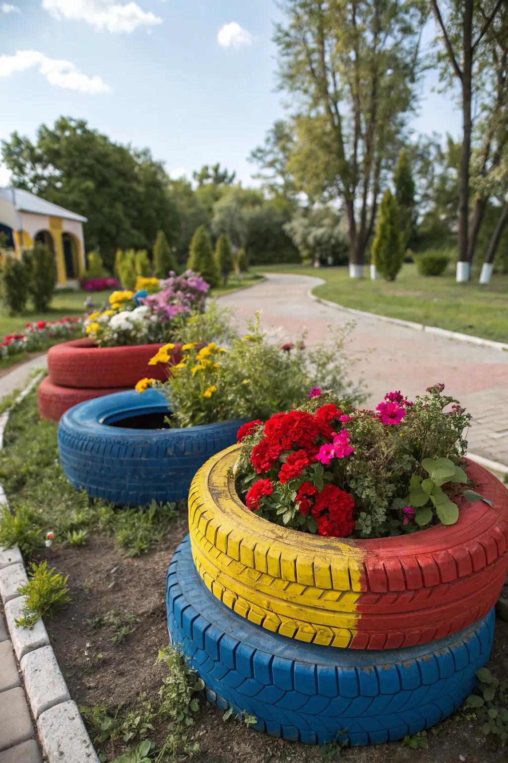Brightly painted tire planters adding a splash of color to the garden.