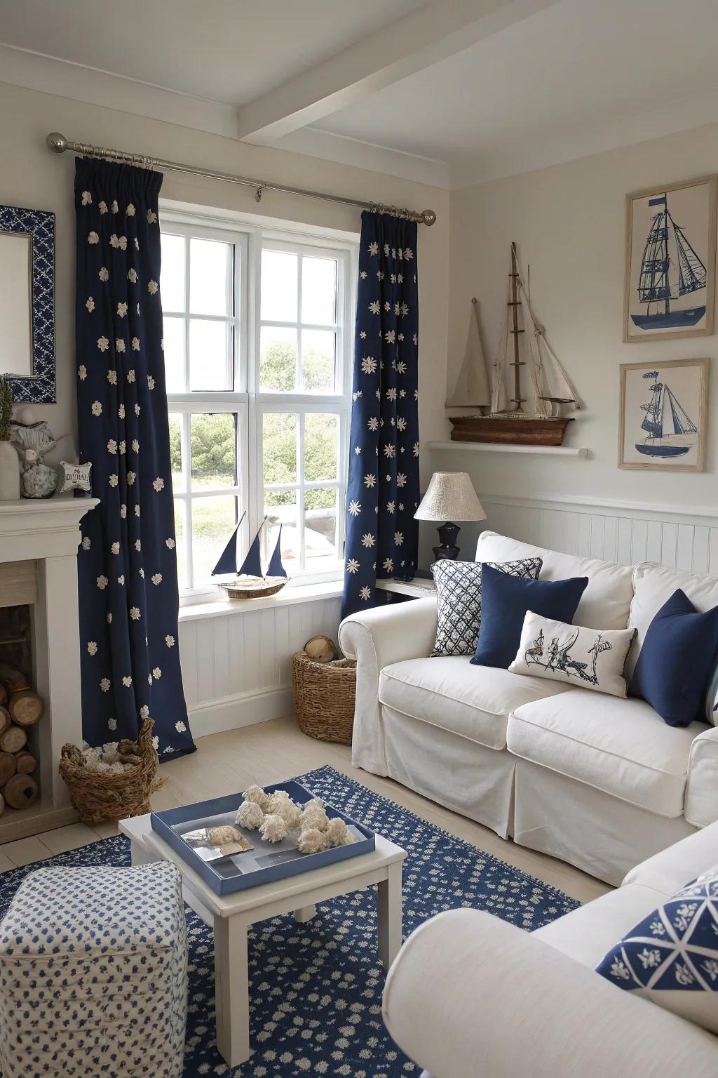 Navy and white hues evoke timeless nautical beauty.