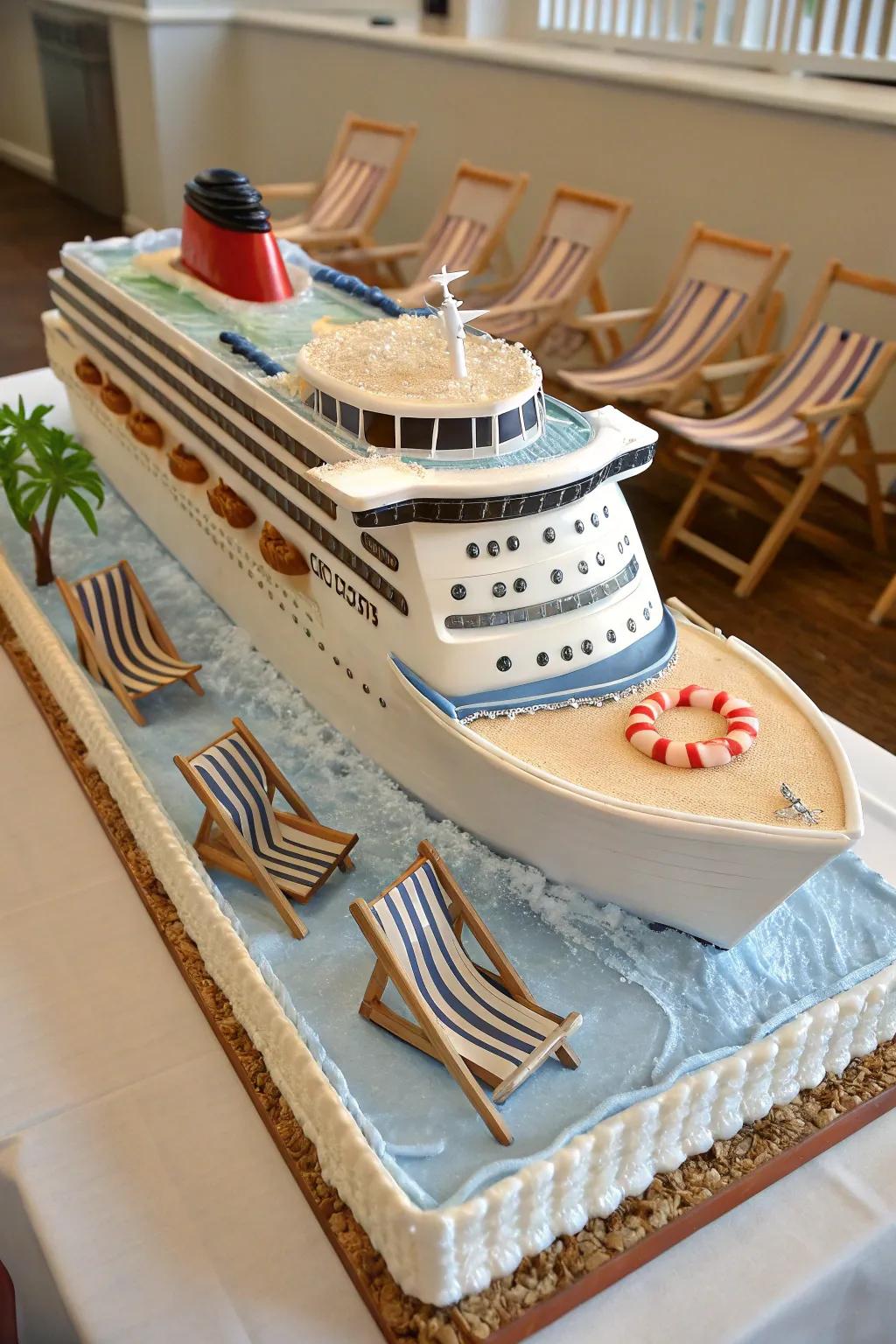 A stunning 3D cruise ship cake becomes the focal point of any party.
