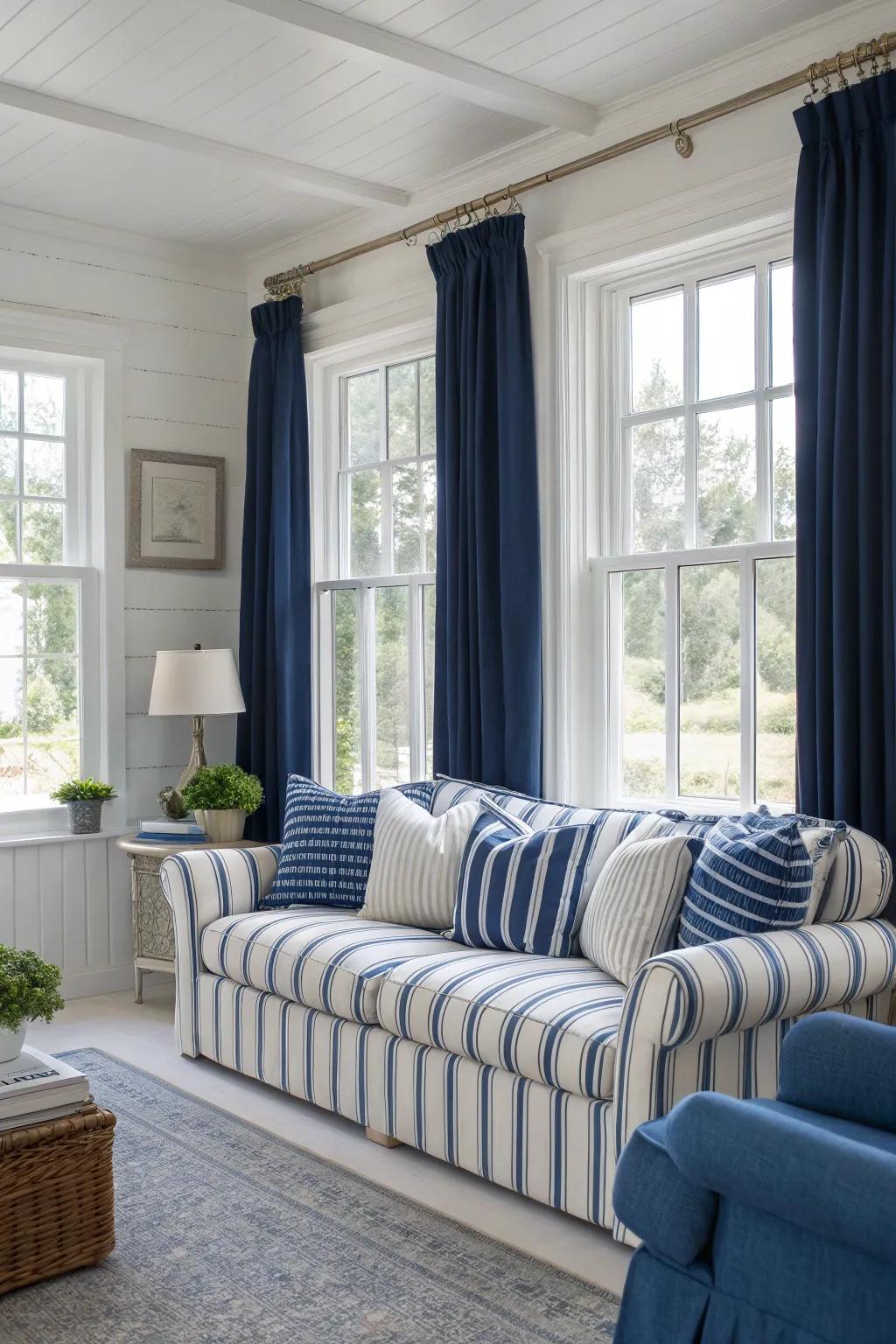 A living area styled in classic nautical shades.