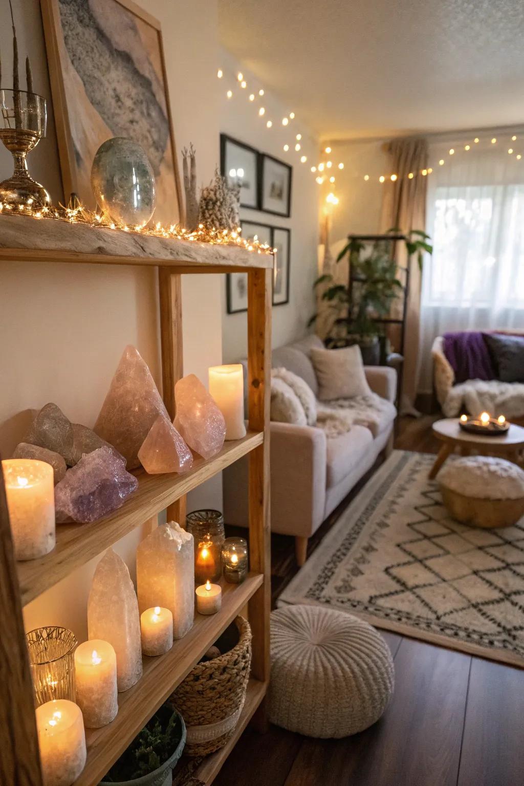 A curated crystal display can serve as your room's centerpiece, radiating both beauty and uplifting energy.