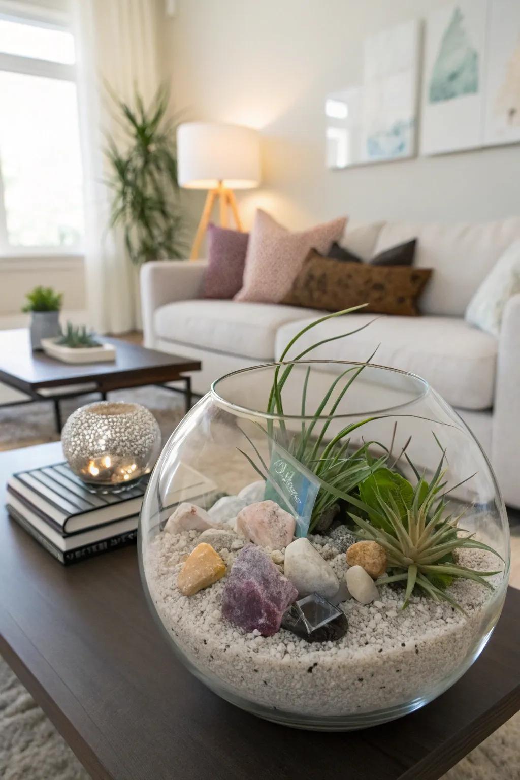 A glass terrarium featuring crystals and air plants graces a coffee table.