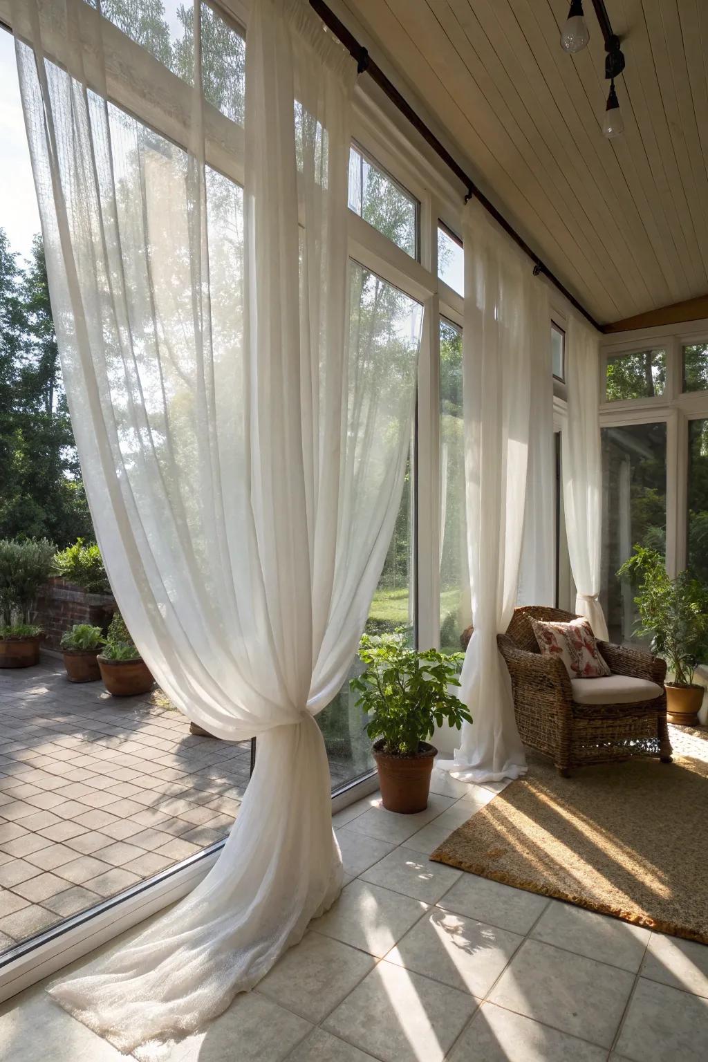 Sheer curtains bring a soft, elegant touch to any sunroom.