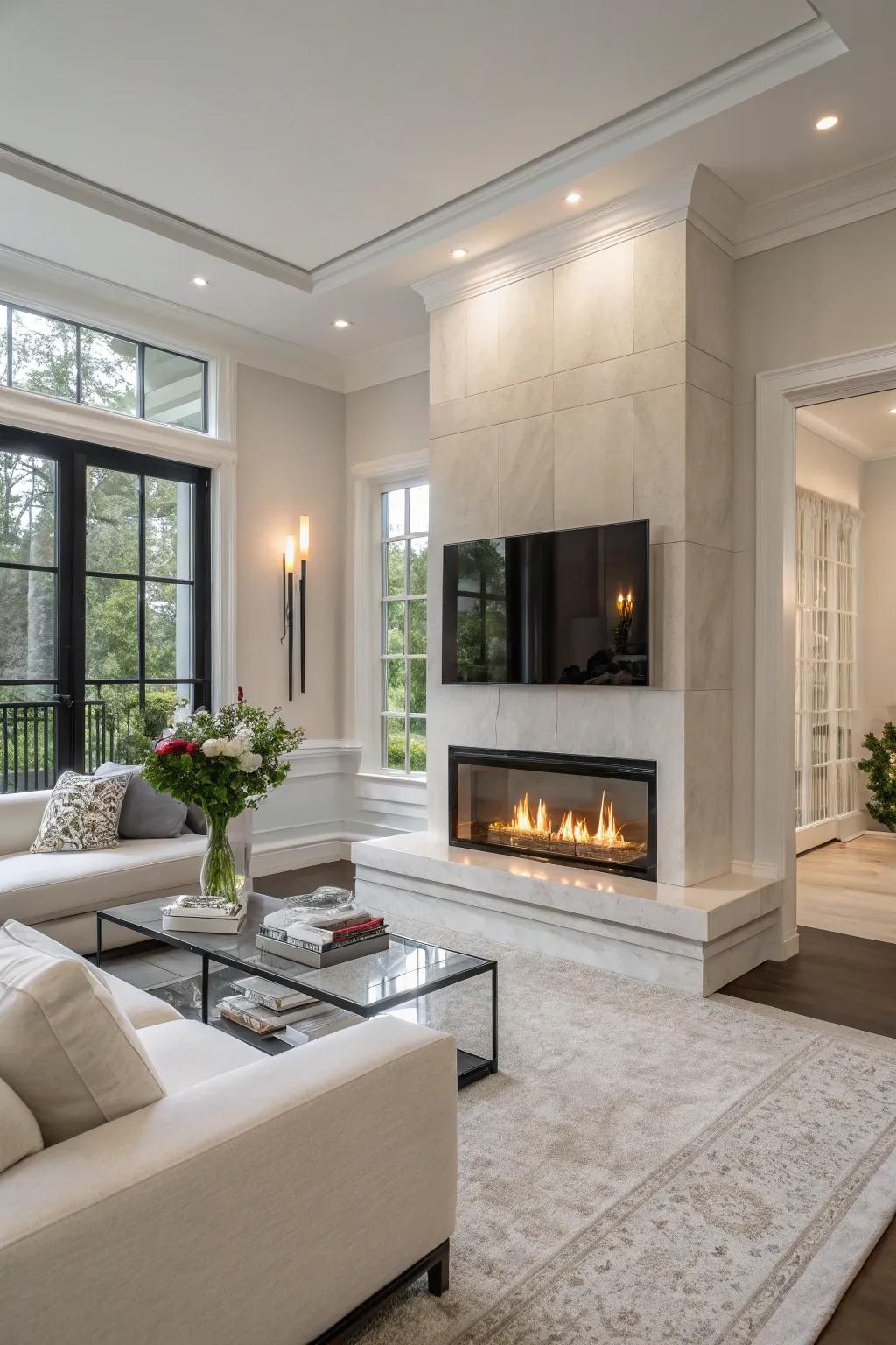 A modern glass-surrounded fireplace radiates class and refinement.