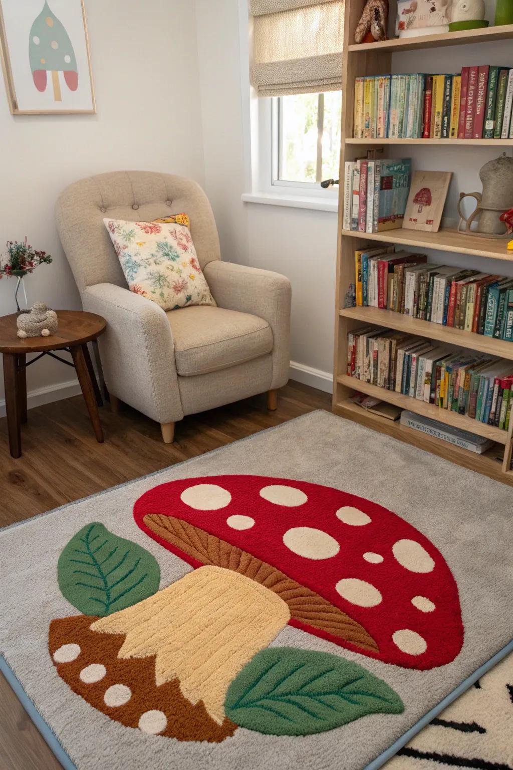A fungi-inspired rug infuses a playful vibe into this den.